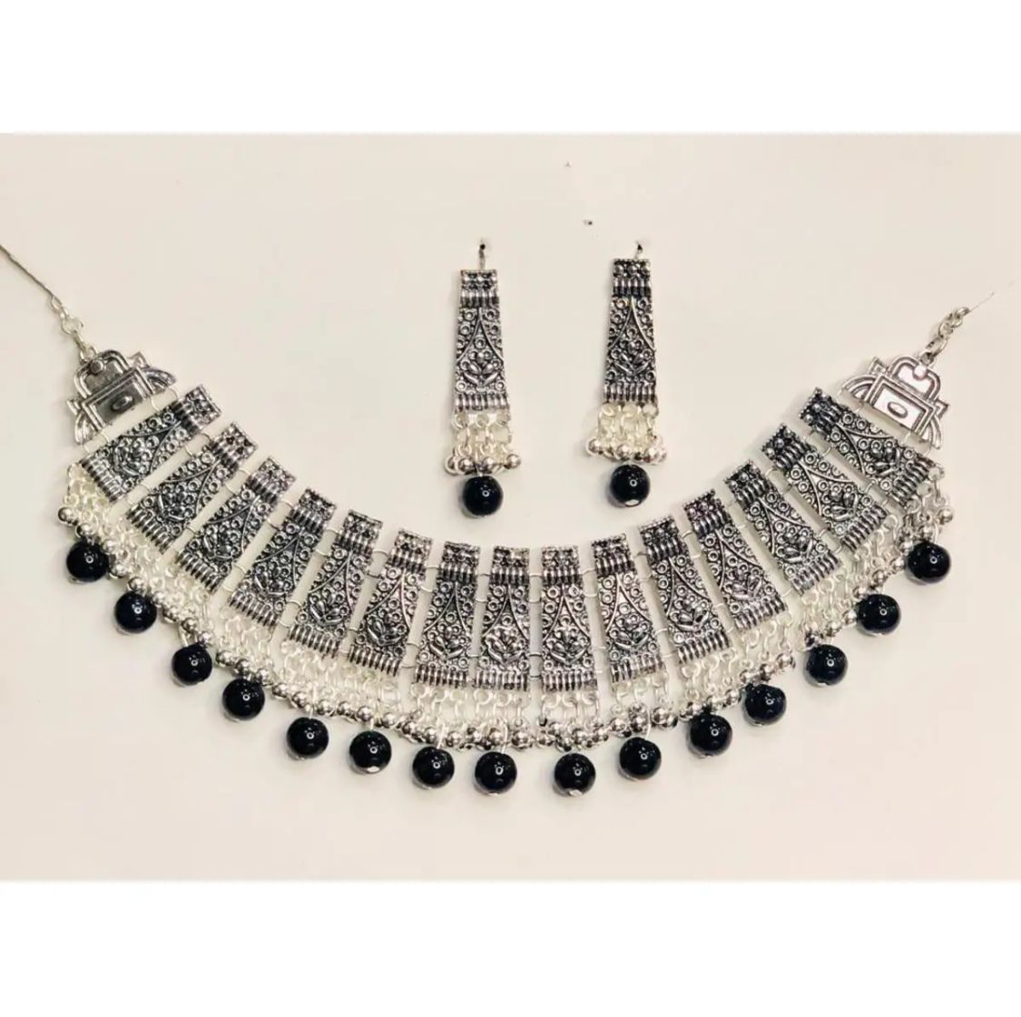 Cultural Jewelry Black Pearl Beautiful Silver Choker With Drop Earrings