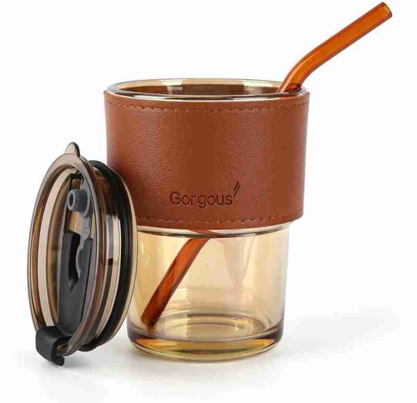 Coffee Cup Glass Mug With Lid And Straw (450ml)