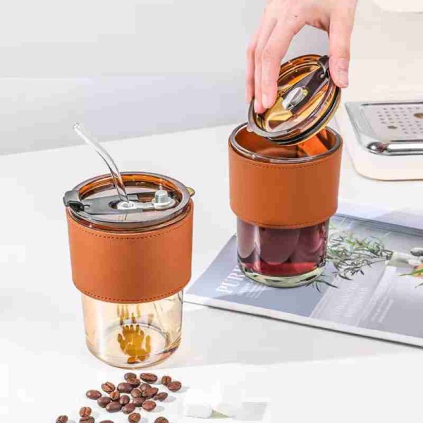 Coffee Cup Glass Mug With Lid And Straw (450ml)