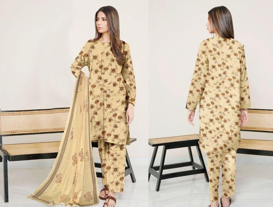 3 Pcs Women's Unstitched Lawn Printed Suit