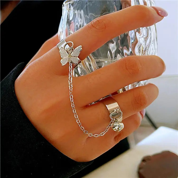 2 Finger Silver Butterfly Rings | Trendy Butterfly Pair Rings Set