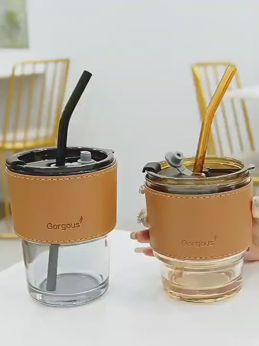 Coffee Cup Glass Mug With Lid And Straw (450ml)